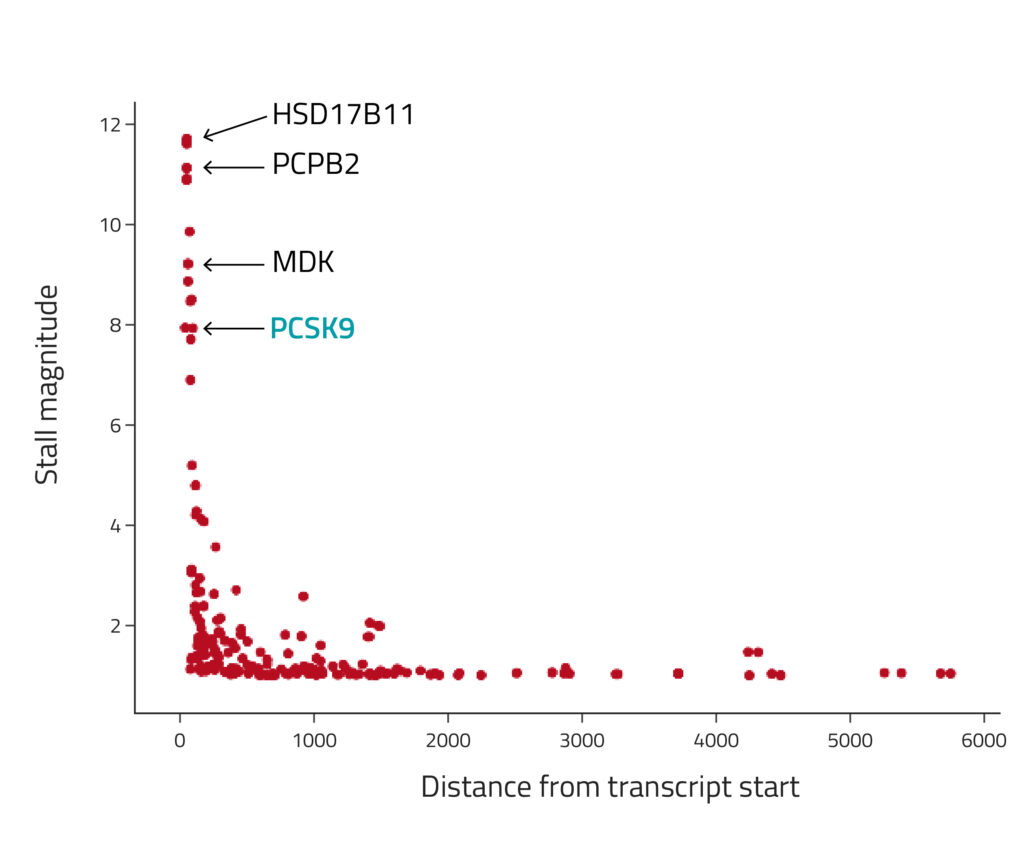 Scatter plot showing which genes have stalled translation after treatment with a small molecule drug